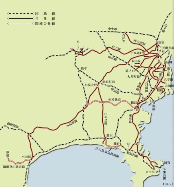 大東急時代の関東エリア路線図（1945年1月）（東京急行電鉄50年史より、一部改変）