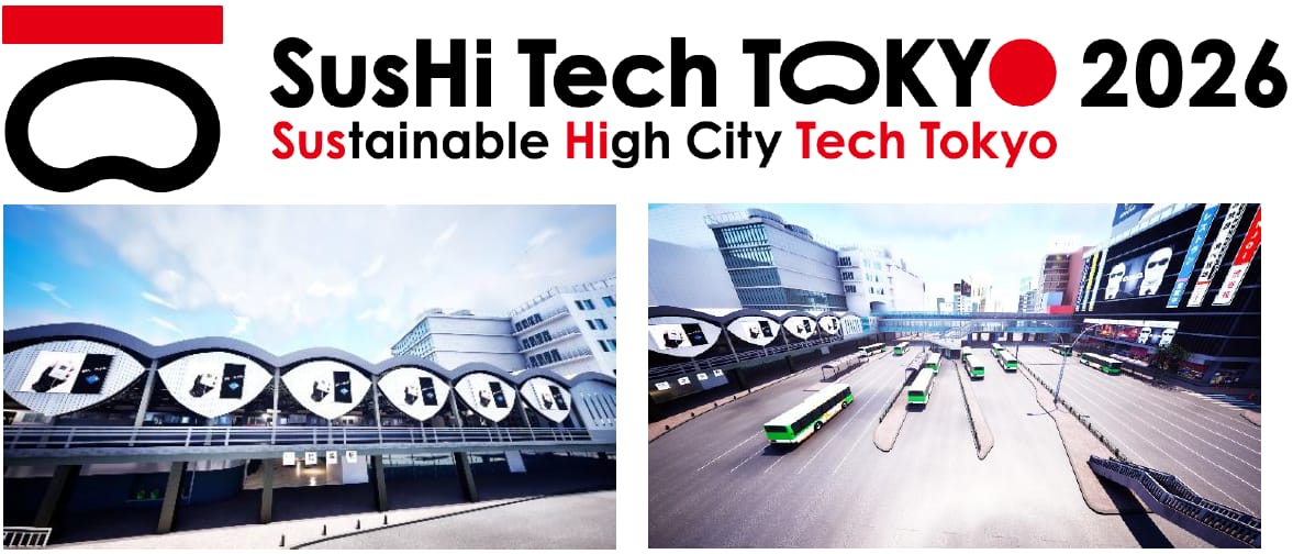 スシテックのロゴと、フォートナイト上の過去渋谷マップのイメージ画像