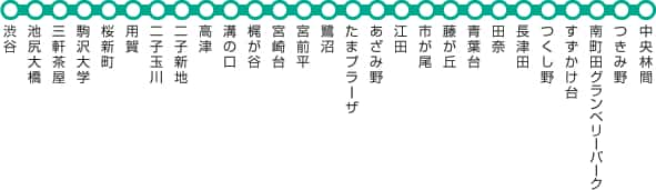 渋谷→池尻大橋→三軒茶屋→駒沢大学→桜新町→用賀→二子玉川→二子新地→高津→溝の口→梶が谷→宮崎台→宮前平→鷺沼→たまプラーザ→あざみ野→江田→市が尾→藤が丘→青葉台→田奈→長津田→つくし野→すずかけ台→南町田グランベリーパーク→つきみ野→中央林間