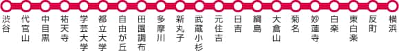 渋谷→代官山→中目黒→祐天寺→学芸大学→都立大学→自由が丘→田園調布→多摩川→新丸子→武蔵小杉→元住吉→日吉→綱島→大倉山→菊名→妙蓮寺→白楽→東白楽→反町→横浜