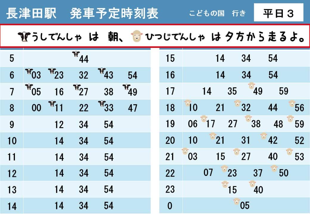 うしでんしゃ・ひつじでんしゃ運行時刻表