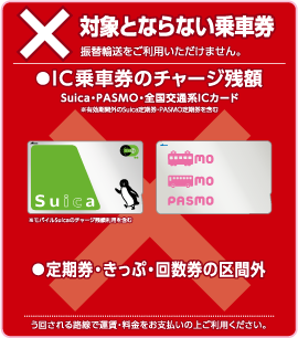 対象とならない乗車券 振替輸送をご利用いただけません。 ●IC乗車券のチャージ残高 Suica・PASMO・全国交通系ICカード ●定期券・きっぷ・回数券の区間外