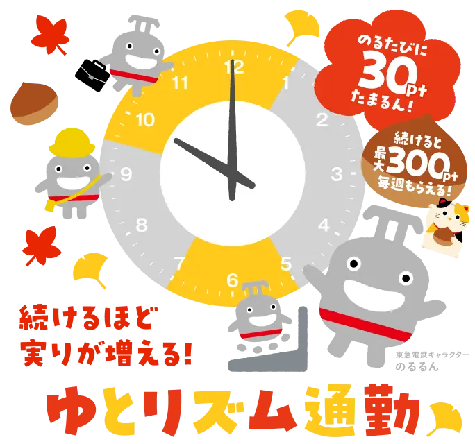 のるたびに30ptたまるん！続けると最大300pt毎週もらえる！続けるほど実りが増える！ゆとリズム通勤